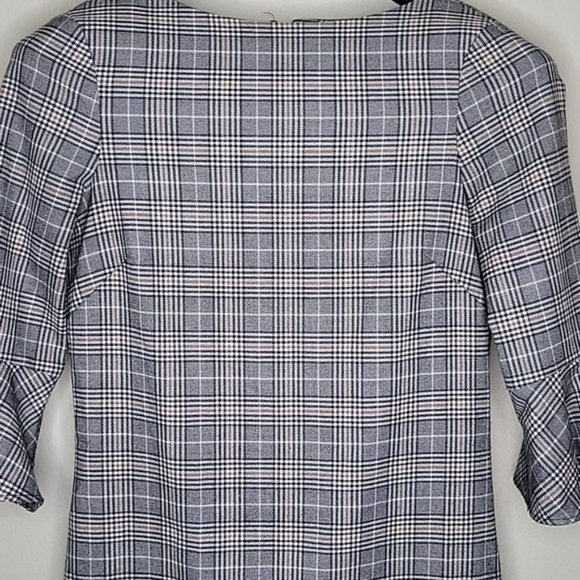 H&M Plaid Houndstooth Grey Dress with 3/4 Ruffle Bell Sleeve, Size 2 - Picture 3 of 9